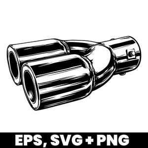 Könnte beinhalten: Schwarz-Weiß-Illustration eines Doppel-Auspuffrohrs. Das Auspuffrohr hat eine polierte, metallische Oberfläche mit zwei kreisförmigen Öffnungen. Das Bild enthält den Text "EPS, SVG + PNG" am unteren Rand.