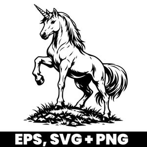 Könnte beinhalten: Schwarz-weiße Illustration eines Einhorns, das sich aufbäumt. Das Einhorn hat ein spiralförmiges Horn, eine fließende Mähne und einen Schweif. Es steht auf Gras. Der Text "EPS, SVG + PNG" befindet sich unten, ideal für digitale Kunst.