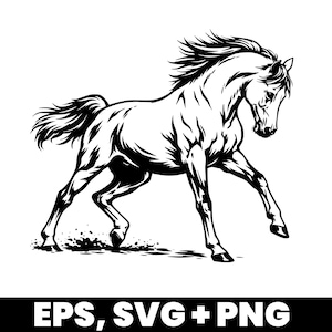 Könnte beinhalten: Schwarz-Weiß-Illustration eines galoppierenden Pferdes. Das Pferd hat eine fließende Mähne und einen Schweif und ist in vollem Lauf dargestellt. Der Text "EPS, SVG + PNG" ist unten im Bild enthalten.