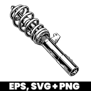 Könnte beinhalten: Schwarz-Weiß-Illustration einer Gewindefahrwerk-Federung. Die Federung verfügt über eine Feder, einen Stoßdämpfer und eine Halterung. Der Text "EPS, SVG + PNG" befindet sich am unteren Bildrand.