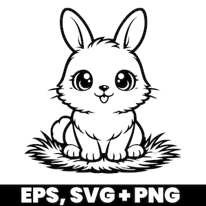 Könnte beinhalten: Schwarz-Weiß-Cartoon-Illustration eines niedlichen Hasen mit großen Augen, der auf einem Grasbüschel sitzt. Das Bild enthält den Text "EPS, SVG + PNG" am unteren Rand.