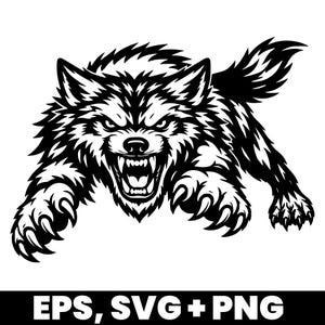 Puede incluir: Ilustración en blanco y negro de un lobo gruñendo en una pose dinámica, con la boca abierta y las garras extendidas. El texto "EPS, SVG + PNG" está en la parte inferior.