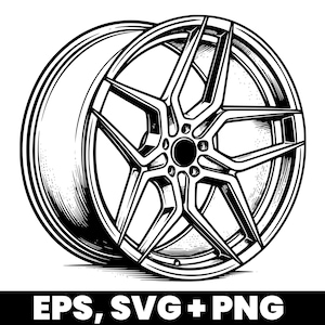Könnte beinhalten: Schwarz-Weiß-Illustration eines Autorads mit Mehrspeichen-Design. Das Rad hat eine zentrale Nabe und eine detaillierte Felge. Der Text "EPS, SVG + PNG" befindet sich unten.