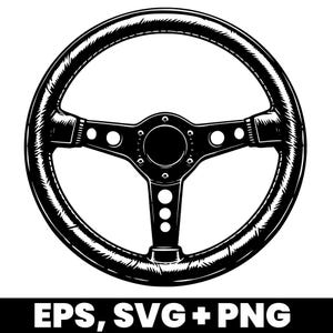 Könnte beinhalten: Schwarz-Weiß-Illustration eines klassischen Lenkrads. Das Rad hat ein kreisförmiges Design mit drei Speichen und einer zentralen Nabe. Der Text "EPS, SVG + PNG" befindet sich unten.