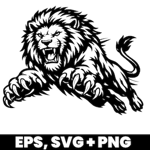 May include: A black and white illustration of a roaring lion in mid-leap. The lion has a detailed mane, sharp claws, and an open mouth. The image includes the text "EPS, SVG + PNG" at the bottom.