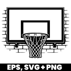 Könnte beinhalten: Schwarz-Weiß-Illustration eines Basketballkorbs und -netzes an einer Ziegelmauer. Das Brett ist rechteckig mit einem kleineren rechteckigen Ausschnitt. Das Netz ist detailliert. Der Text unten lautet "EPS, SVG + PNG".