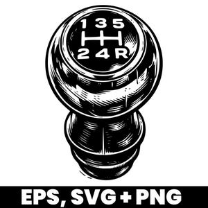 Puede incluir: Ilustración en blanco y negro de la perilla de la palanca de cambios de un coche. La parte superior de la perilla muestra el patrón de marchas: 1, 3, 5, H, 2, 4 y R. La parte inferior de la imagen tiene el texto "EPS, SVG + PNG".