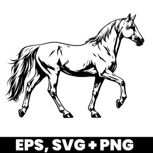 Könnte beinhalten: Schwarz-Weiß-Illustration eines Pferdes in einer Laufpose. Das Pferd hat eine fließende Mähne und einen Schweif. Das Bild enthält den Text "EPS, SVG + PNG" am unteren Rand.