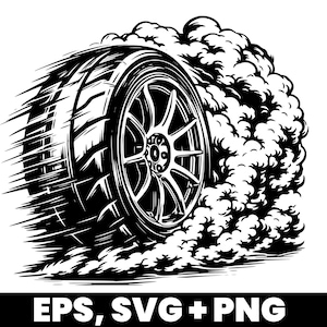 Puede incluir: Ilustración en blanco y negro de un neumático de coche girando, creando una nube de humo. El neumático tiene un dibujo detallado de la banda de rodadura y una llanta de varios radios. El texto "EPS, SVG + PNG" está en la parte inferior.