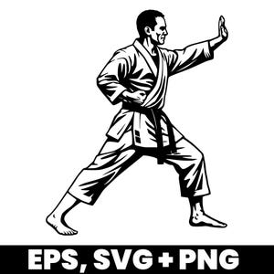 Könnte beinhalten: Schwarz-Weiß-Illustration einer Person in Karate-Haltung, in traditioneller Uniform mit schwarzem Gürtel. Die Person befindet sich in einer tiefen Haltung mit einem Arm in Abwehrhaltung. Der Text "EPS, SVG + PNG" ist unten.