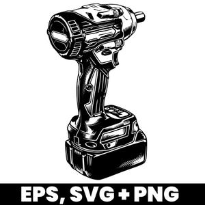 Könnte beinhalten: Schwarz-Weiß-Illustration eines Akku-Schlagschraubers. Das Werkzeug hat ein detailliertes Design mit einem Akku an der Basis und einem strukturierten Griff. Das Bild enthält den Text "EPS, SVG + PNG" am unteren Rand.