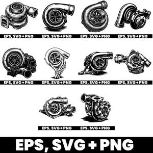 Puede incluir: Una colección de ilustraciones en blanco y negro de turbocompresores, que muestran varios diseños y ángulos. Cada imagen es detallada, destacando los intrincados componentes de los turbocompresores. El texto "EPS, SVG + PNG" se muestra debajo de cada imagen.