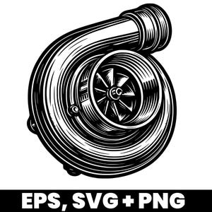 Op de afbeelding: Zwart-wit illustratie van een turbo, een mechanisch apparaat dat wordt gebruikt om het vermogen van een motor te verhogen. Het ontwerp toont een turbinehuis, een compressorwiel en een centraal lagerhuis. De tekst "EPS, SVG + PNG" staat onderaan.