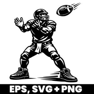 Op de afbeelding: Zwart-wit illustratie van een American football speler die een bal gooit. De speler draagt een helm en uniform. De football is in de lucht, met bewegingslijnen. De tekst "EPS, SVG + PNG" is inbegrepen.