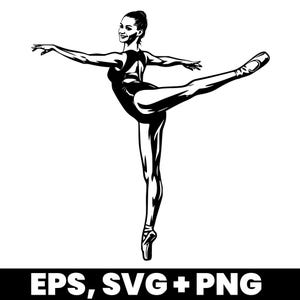 May include: Black and white illustration of a ballerina in a graceful pose, with one leg extended and arms outstretched. The dancer wears a leotard and pointe shoes. The image includes the text "EPS, SVG + PNG" at the bottom.