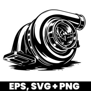 Puede incluir: Ilustración en blanco y negro de un turbocompresor, un dispositivo de inducción forzada para motores de combustión interna. La imagen muestra la carcasa, la turbina y la rueda del compresor. El texto "EPS, SVG + PNG" está en la parte inferior.