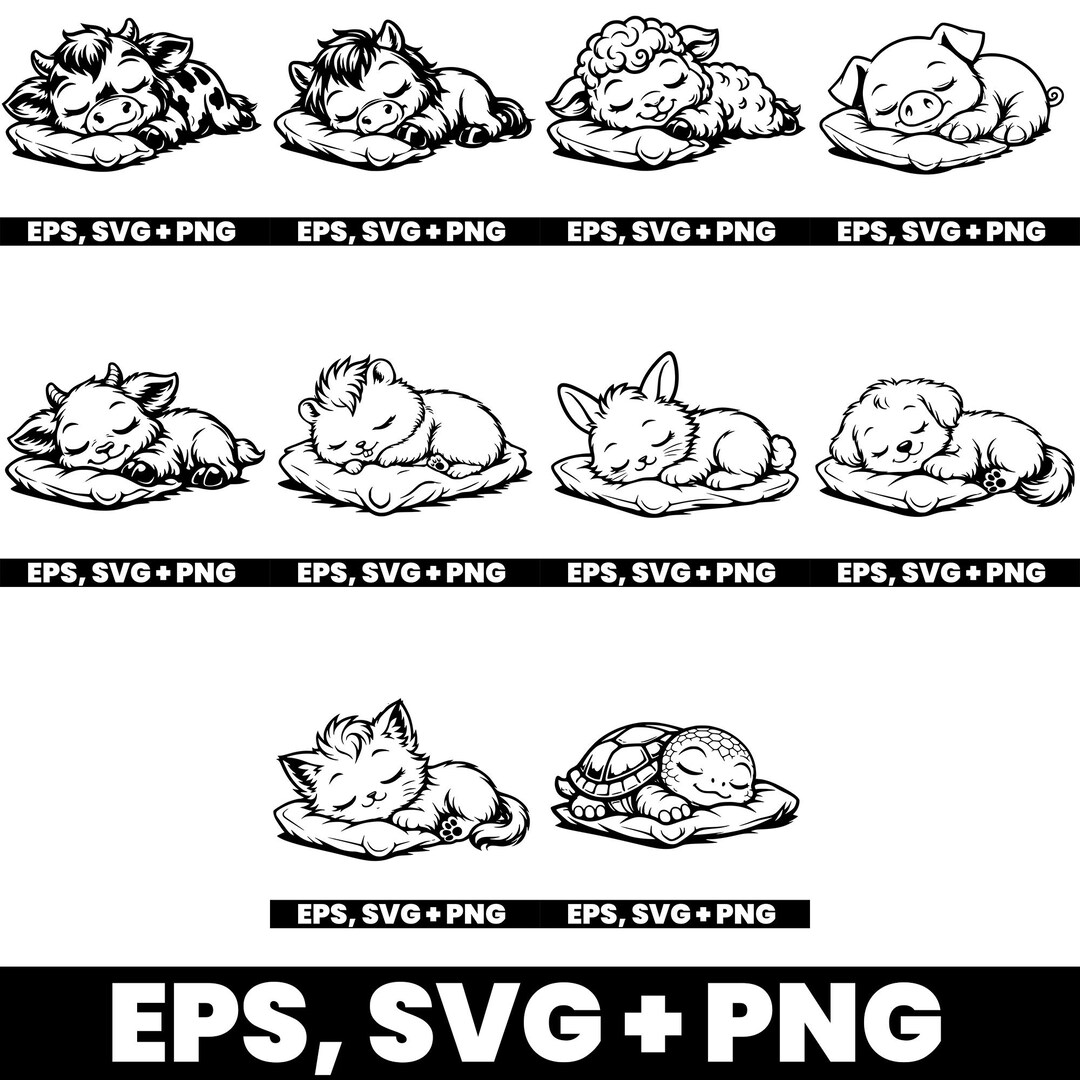 10 X Baby Animals SVG Bundle | Cute Animals Sleeping on Pillow 10 ...