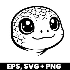 Könnte beinhalten: Schwarz-weiße Illustration eines Cartoon-Schildkrötenkopfes. Die Schildkröte hat große, ausdrucksstarke Augen, einen lächelnden Mund und einen strukturierten Kopf. Der Text "EPS, SVG + PNG" befindet sich unten.