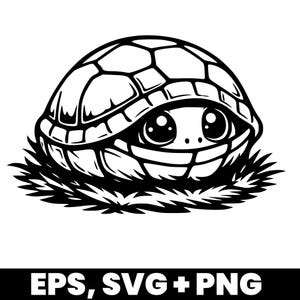 Könnte beinhalten: Schwarz-weiße Illustration einer Cartoon-Schildkröte, die aus ihrem Panzer schaut. Die Schildkröte hat große, ausdrucksstarke Augen und ist von stilisiertem Gras umgeben. Der Text "EPS, SVG + PNG" ist unten im Bild enthalten.