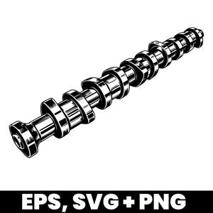 May include: Black and white illustration of a camshaft, a mechanical component with multiple lobes used in internal combustion engines. The image includes the text "EPS, SVG + PNG".