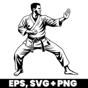 May include: Black and white illustration of a martial artist in a karate stance. The figure is wearing a traditional uniform with a black belt. The image includes the text "EPS, SVG + PNG" at the bottom.