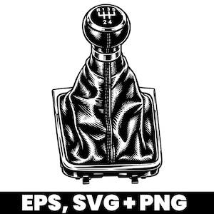 Könnte beinhalten: Schwarz-Weiß-Illustration eines manuellen Getriebeschalthebels. Der Schaltknauf zeigt das Gangmuster mit den Zahlen 1, 3, 5, 2 und 4. Der Schaltsack besteht aus einem strukturierten Material.