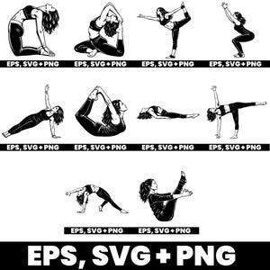 Könnte beinhalten: Schwarz-Weiß-Illustrationen einer Person, die verschiedene Yoga-Posen ausführt. Die Posen umfassen Vorbeugen, Gleichgewichtspositionen und Sitzpositionen. Der Text am unteren Rand jedes Bildes lautet "EPS, SVG + PNG".