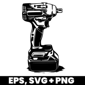 Könnte beinhalten: Schwarz-Weiß-Illustration eines Akku-Schlagschraubers. Das Werkzeug hat einen Pistolengriff, einen Akku und ein Bohrfutter zum Anbringen von Bits. Der Text "EPS, SVG + PNG" ist unten abgebildet.