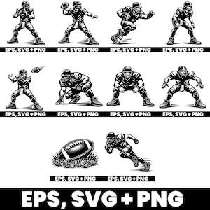 Op de afbeelding: Zwart-wit illustraties van American football spelers in actie. De afbeeldingen tonen spelers die gooien, vangen en rennen met de bal. De tekst onderaan luidt "EPS, SVG + PNG".