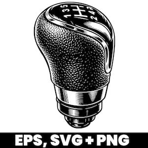 May include: Black and white illustration of a car gear shift knob. The top of the knob displays the gear pattern with numbers and lines. The text "EPS, SVG + PNG" is at the bottom.