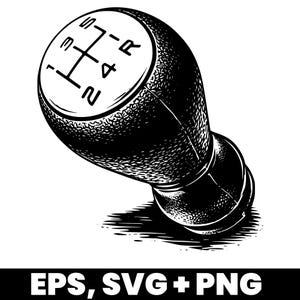 Puede incluir: Ilustración en blanco y negro de una palanca de cambios de coche. La parte superior del pomo muestra el patrón de marchas: 1, 2, 3, 4, R y S. El texto "EPS, SVG+PNG" está en la parte inferior.