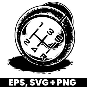 Puede incluir: Ilustración en blanco y negro de la palanca de cambios de un coche. El pomo presenta el patrón de marchas con los números del 1 al 4 y la marcha atrás (R). La imagen incluye el texto "EPS, SVG + PNG" en la parte inferior.