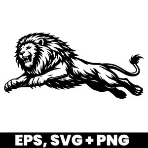 May include: A black and white illustration of a lion in mid-leap, with its mouth open and mane flowing. The image includes the text "EPS, SVG + PNG" at the bottom, indicating file formats.