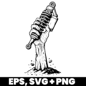 Könnte beinhalten: Schwarz-Weiß-Illustration einer Hand, die aus dem Boden ragt und einen Stoßdämpfer festhält. Das Bild hat einen Grunge-Stil, mit dem Text "EPS, SVG + PNG" am unteren Rand.