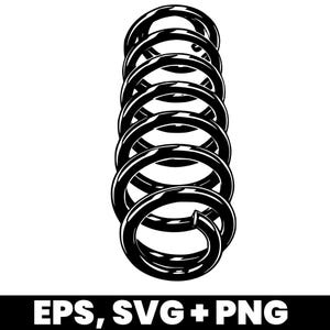 Könnte beinhalten: Schwarz-Weiß-Illustration einer Schraubenfeder. Die Feder besteht aus mehreren kreisförmigen Schlaufen mit glänzendem Finish. Der untere Teil des Bildes enthält den Text "EPS, SVG + PNG" in fetten, weißen Buchstaben.