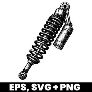 May include: Black and white illustration of a motorcycle shock absorber. The shock absorber features a spring, cylinder, and connecting rods. The text "EPS, SVG + PNG" is at the bottom.
