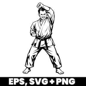 Puede incluir: Ilustración en blanco y negro de un karateca en posición de combate. La figura lleva un uniforme de karate tradicional con cinturón negro. El texto "EPS, SVG + PNG" está en la parte inferior.