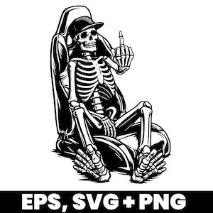 May include: Black and white illustration of a skeleton wearing a baseball cap and seated in a racing car seat. The skeleton is giving the middle finger. The image includes the text "EPS, SVG + PNG".