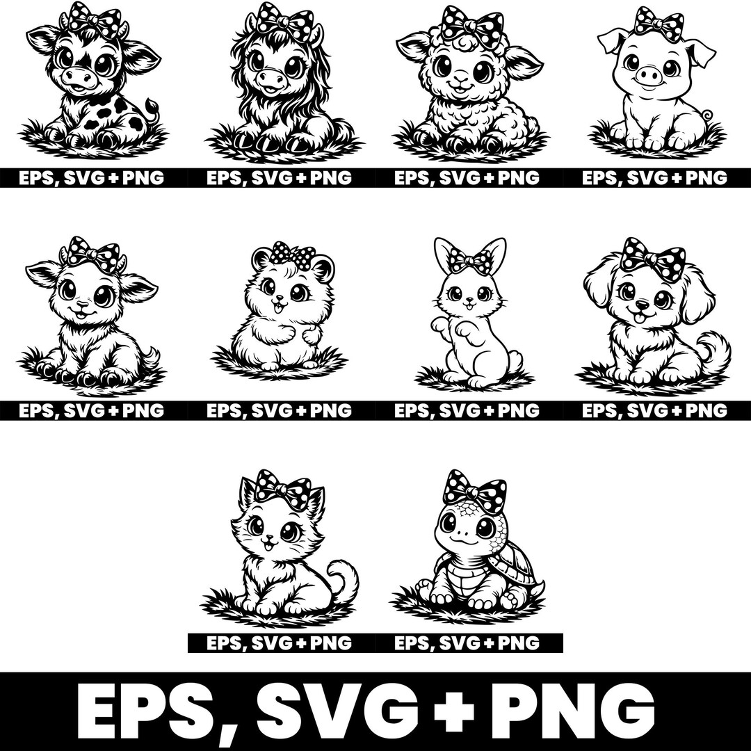10 X Baby Animals SVG Bundle | Cute Animals Sitting on Grass With Bow ...