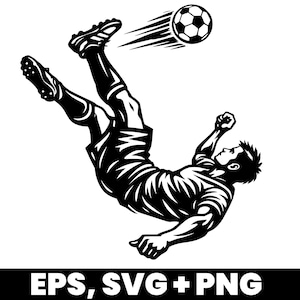 May include: Black and white illustration of a soccer player performing a bicycle kick, with the ball in motion. The player is wearing a jersey and shorts. The image includes the text "EPS, SVG + PNG" at the bottom.