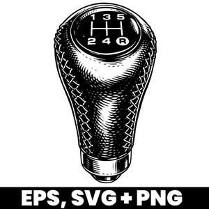 Puede incluir: Ilustración en blanco y negro de la perilla de la palanca de cambios de un coche. La parte superior de la perilla muestra el patrón de marchas: 1, 3, 5 y R encima del patrón H, con 2 y 4 debajo. La perilla tiene una apariencia de cuero texturizado y cosido.