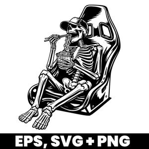 Asiento de carreras de ramen con esqueleto JDM SVG – Diseño de calavera tuning – Clipart para amantes del ramen JDM – Ilustración de la cultura de los coches de drifting para pegatinas y merchandising