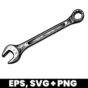 May include: A black and white illustration of a wrench. The wrench has an open end on one side and a closed, multi-sided end on the other. The image includes the text "EPS, SVG + PNG" at the bottom.