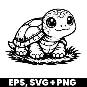 Könnte beinhalten: Schwarz-Weiß-Illustration einer Zeichentrickschildkröte mit großen Augen und einem Lächeln. Die Schildkröte sitzt auf Gras. Der Text "EPS, SVG + PNG" befindet sich am unteren Rand des Bildes.