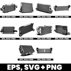 May include: A series of black and white illustrations of intercoolers, heat exchangers used in engines. Each design shows a series of parallel fins and connecting pipes. The text "EPS, SVG + PNG" is displayed below each image.