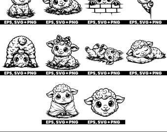 Baby Sheep SVG Bundle | 10 Cute Lamb Cliparts Set | Farm Animal Nursery Art PNG EPS for Cricut and Laser Cutting
