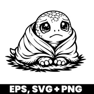 Puede incluir: Ilustración en blanco y negro de una tortuga triste envuelta en una manta. La tortuga tiene ojos grandes y expresivos y una boca hacia abajo. La imagen incluye el texto "EPS, SVG + PNG" en la parte inferior.