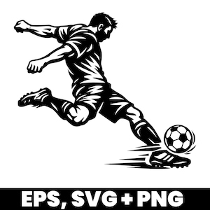 May include: Black and white illustration of a soccer player kicking a soccer ball. The player is in mid-kick, with the ball and cleat in focus. The image includes the text "EPS, SVG + PNG" at the bottom.