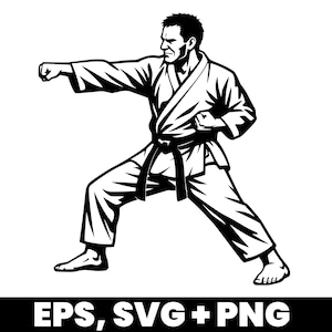 Könnte beinhalten: Schwarz-Weiß-Illustration eines Kampfsportlers in Karate-Stellung, der eine traditionelle Uniform und einen schwarzen Gürtel trägt. Der Text "EPS, SVG + PNG" ist unten abgebildet.