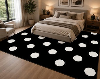 Black White Polka Dot Hand Tufted Wool Rug, Modern Geometric Statement Home Decor